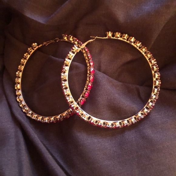 🎉HP🎉 Gold Plated Hoop Earrings w/ Red Crystals - Picture 2 of 3